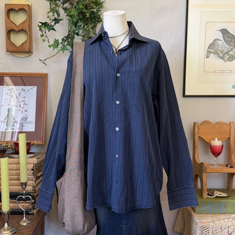 Faded Navy Blue Striped Cotton Button Up Shirt Oversized Indie Grunge  L